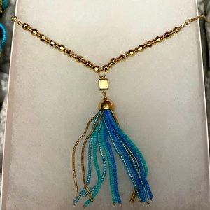 Kenneth Cole Gold blue beaded tassel on long style necklace NWT